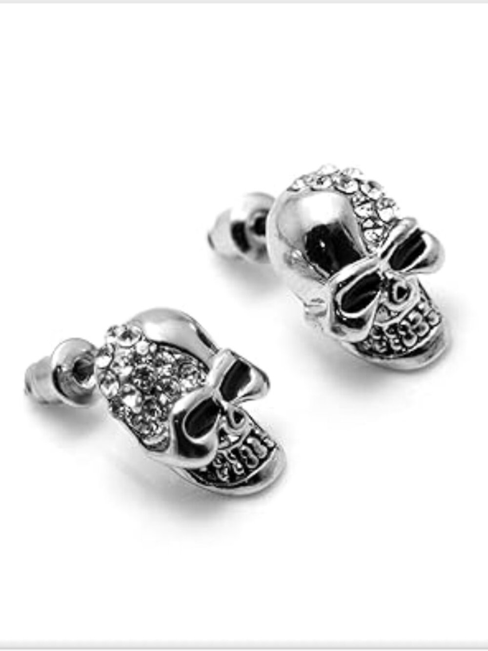 Silver Skull Earrings Rhinestone Bling Chunky Statement Goth Punk Rock
